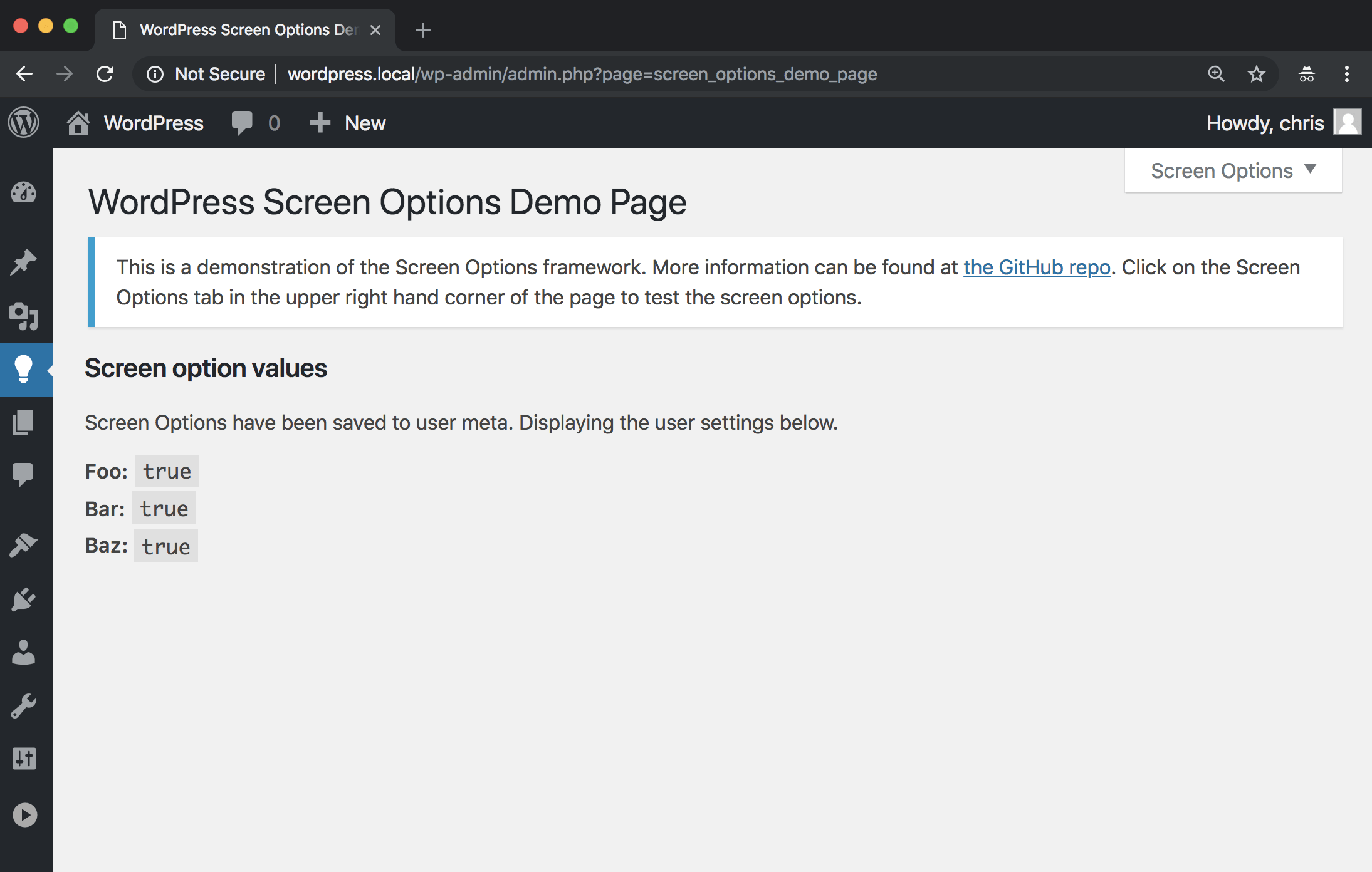 Screenshot of the WordPress admin page added by the Screen Options Framework plugin, displaying the values of each of the demo options