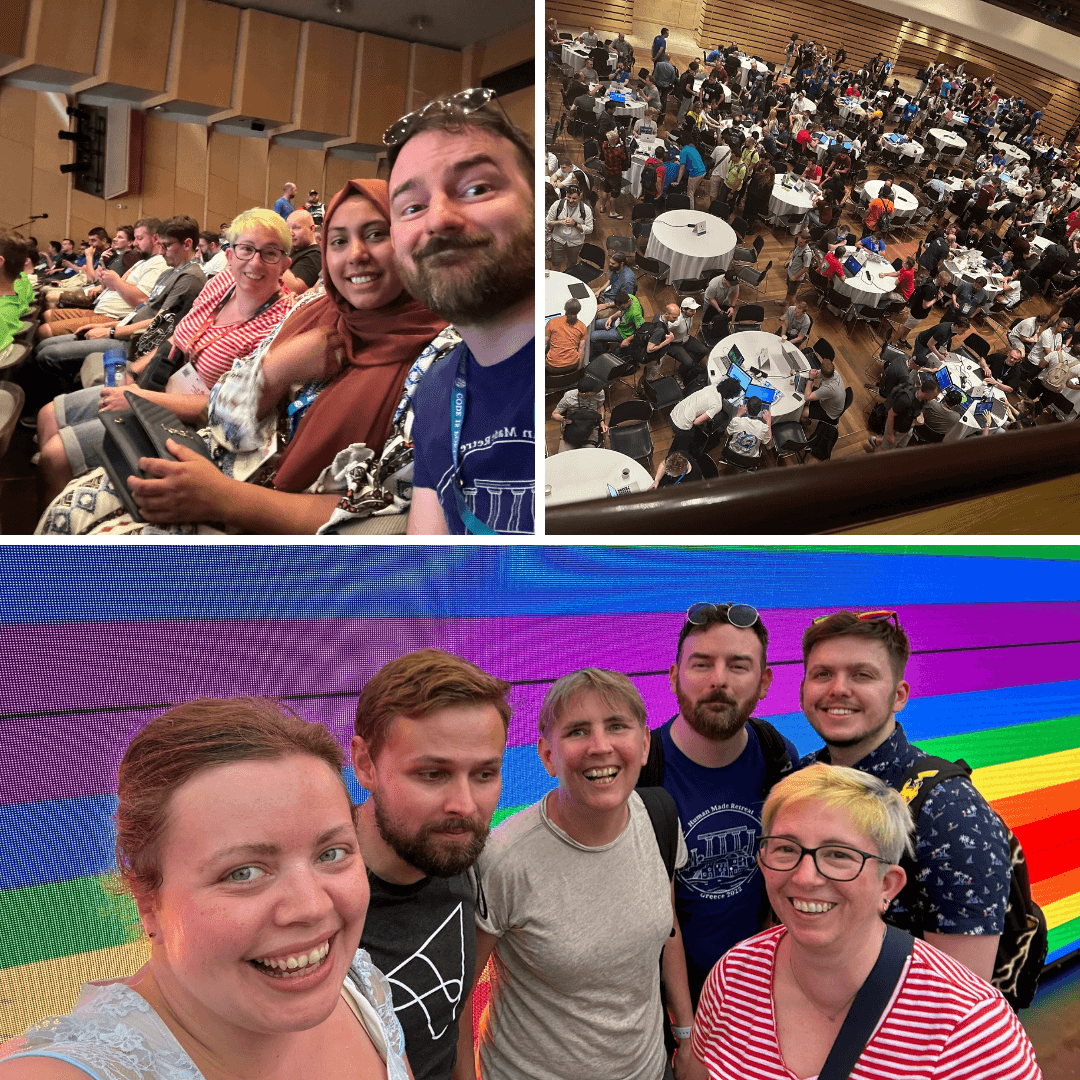 A collage of Human Made team members at a WCEU talk, contributor day, and the Yoast Pride party