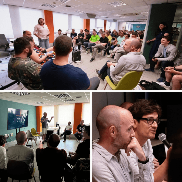 Audience, panellists, and Tom Willmot with a microphone during the enterprise gap meetup in Athens