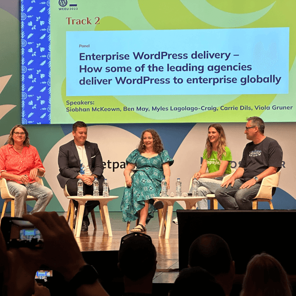 Siobhan McKeown on stage at WCEU with Carrie Dils, Ben May, Myles Lagolago-Craig and Viola Gruner