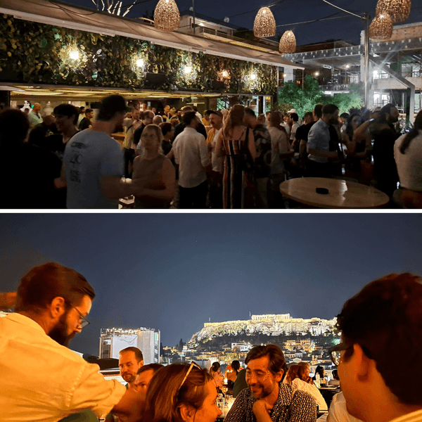 Crowd shots of the Human Made and Big Bite party with views of the Acropolis at night