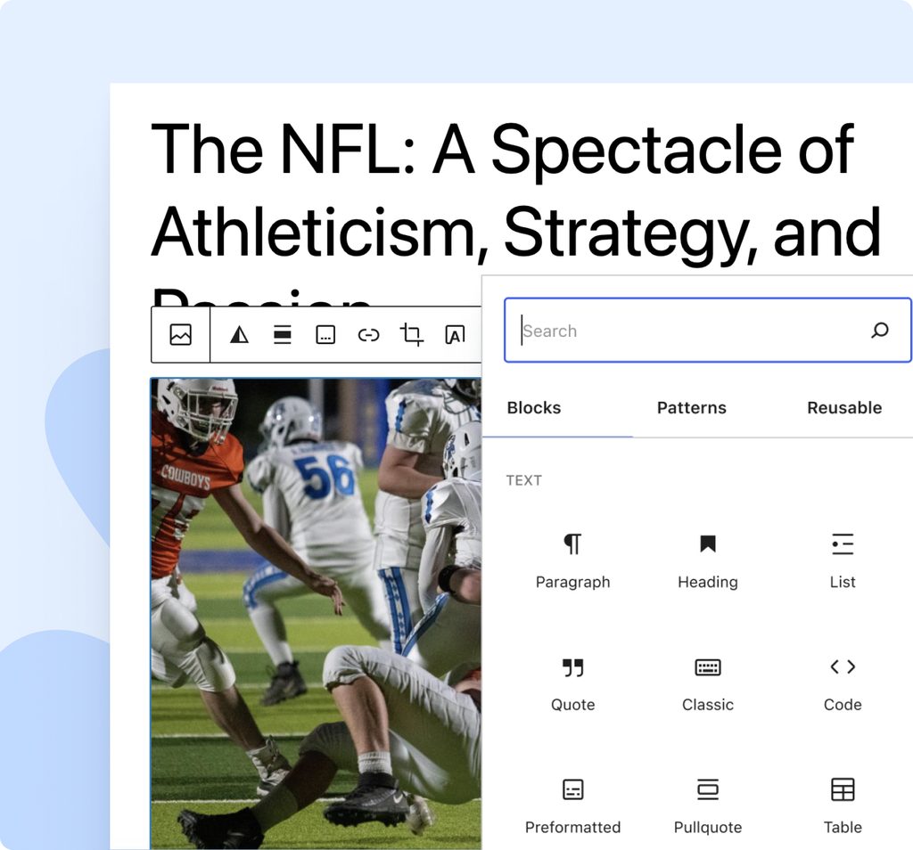 Screenshot of a blog on the NFL using the WordPress Block Editor