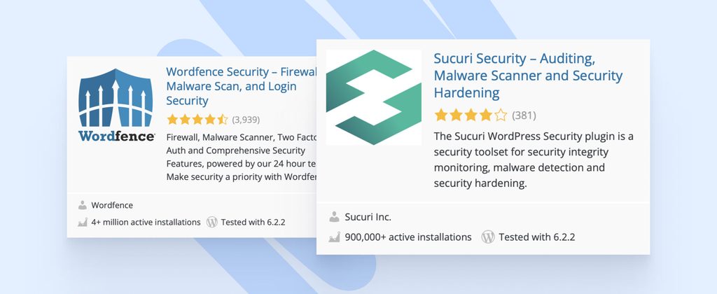 Logos and descriptions of Sucuri Security and Wordfence Security plugins from the WordPress plugin repository