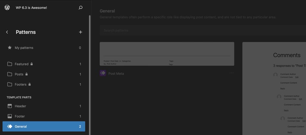 WordPress 6.3 Patterns interface