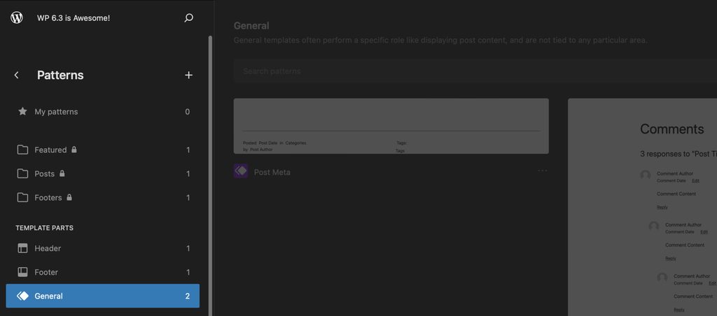 WordPress 6.3 Patterns interface