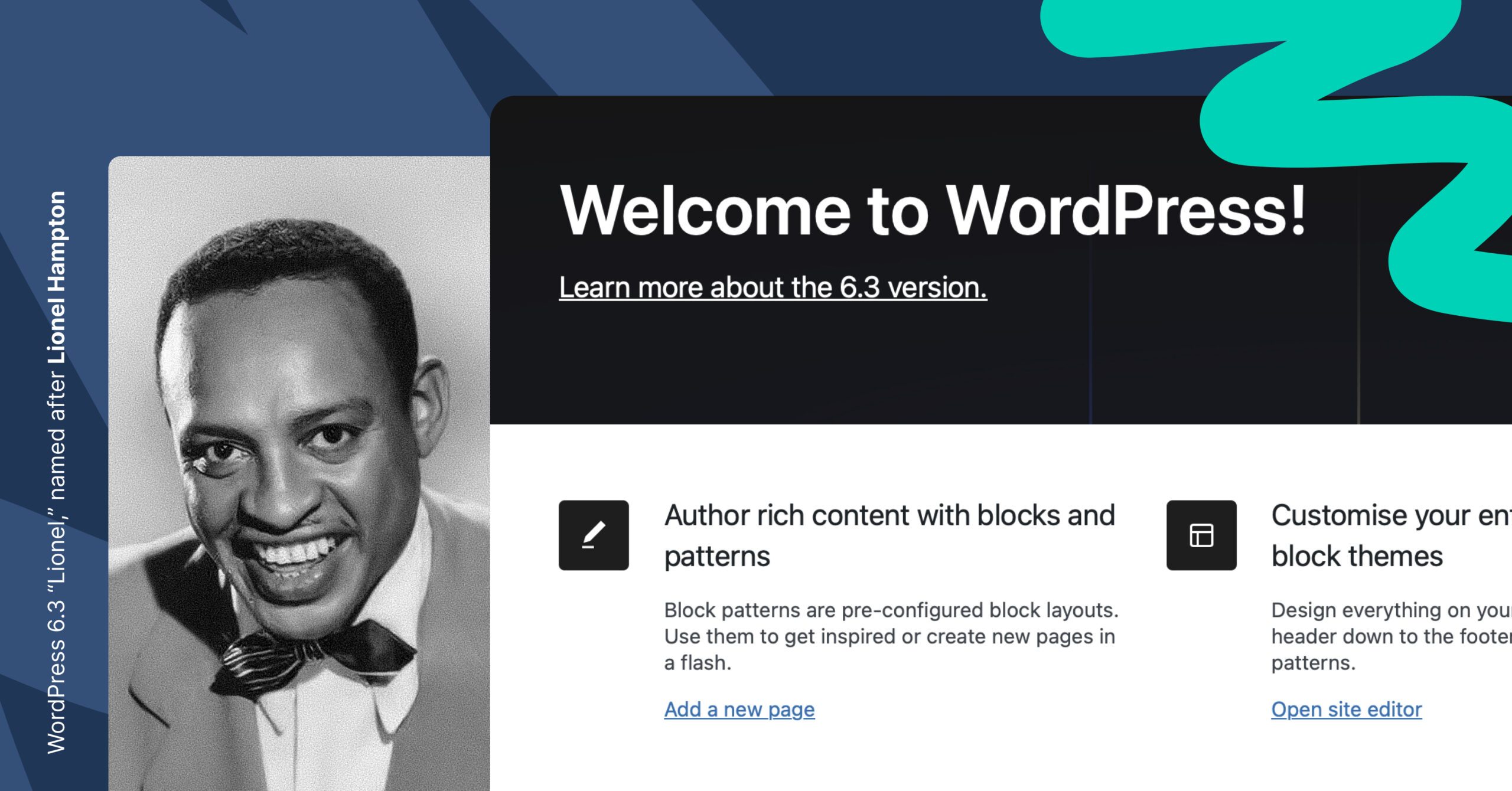 WordPress 6.3 screenshot, black and white photo of Jazz musician Lionel Hampton