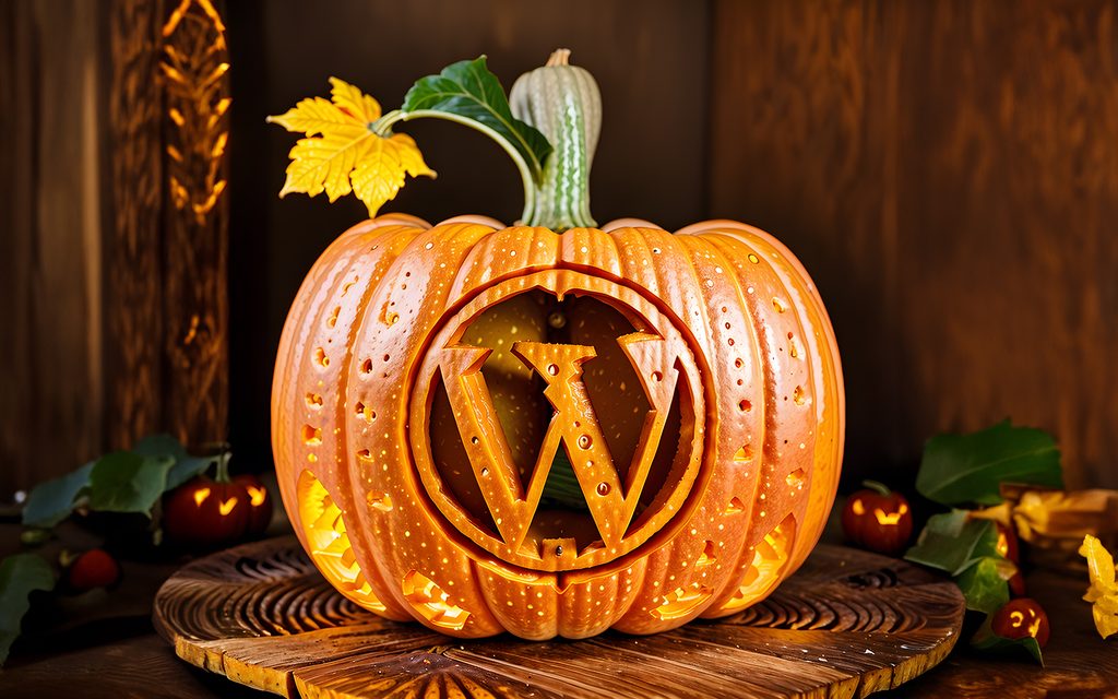 Halloween WordPress Wallpaper HD, 4k, WordPress logo carved in a pumpkin, jack-o-lantern