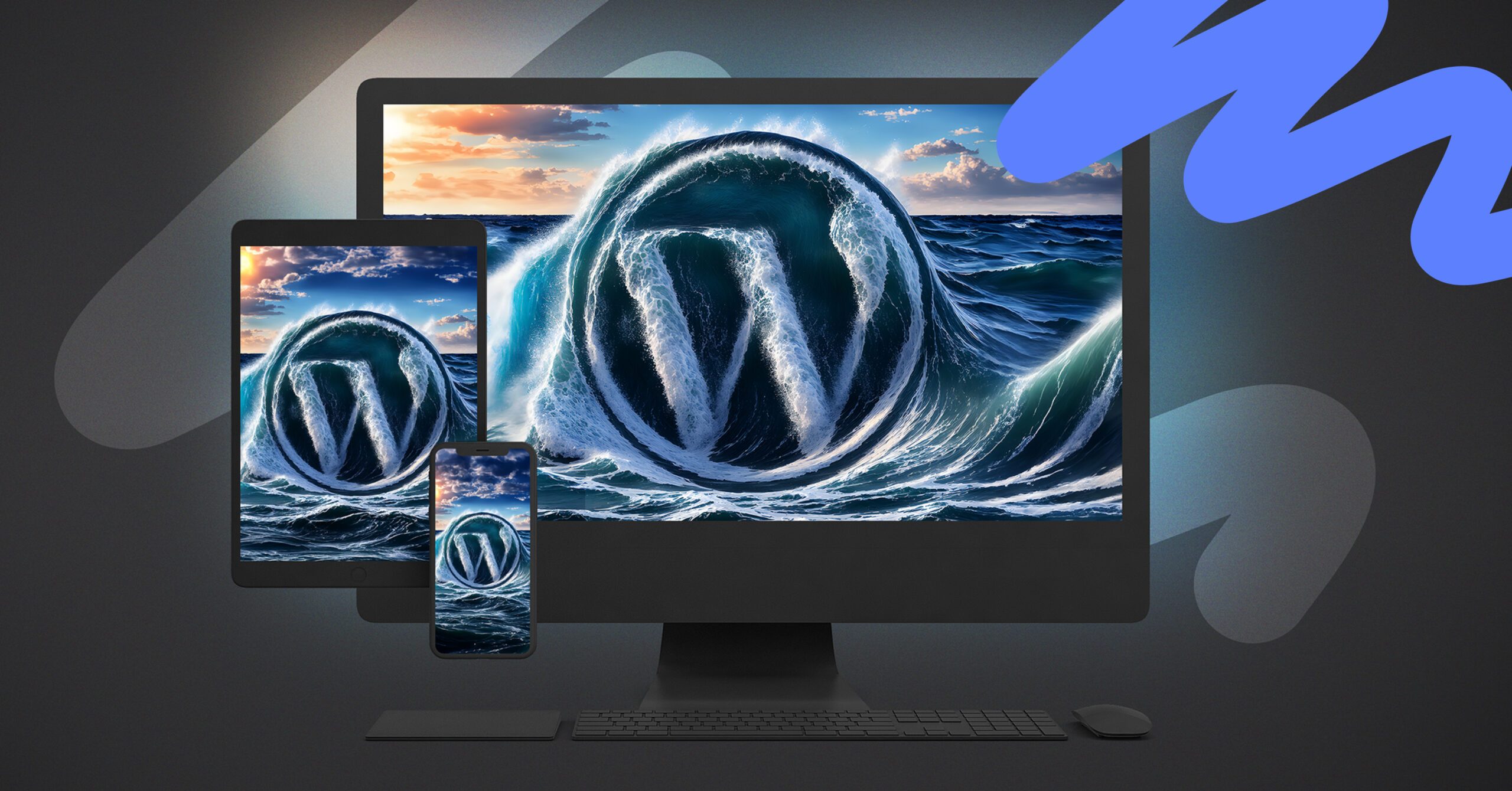WordPress wallpapers rendered across a desktop monitor, tablet and smartphone