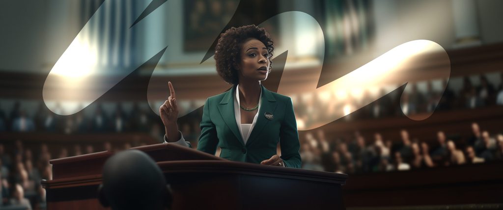 AI-generated image of a woman delivering a speech in a political environment