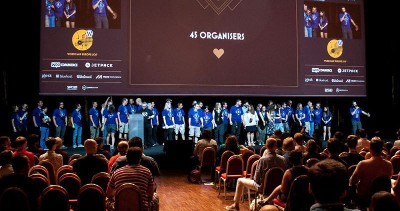 Stage and audience at WCEU Paris 2017 during a thank you address to the 45 organisers of the event.