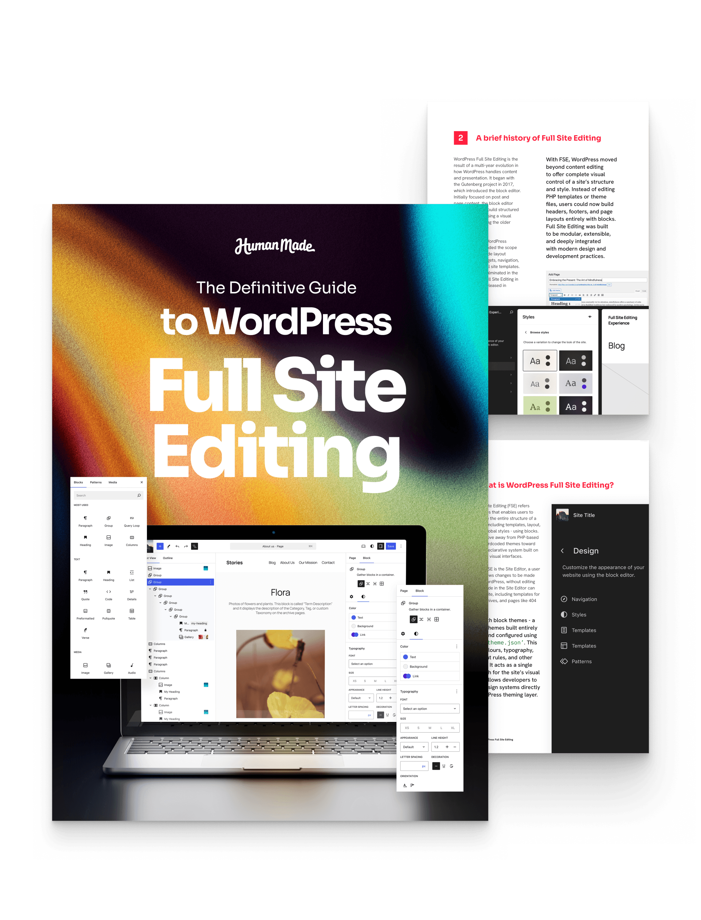 Front cover and internal pages of the WordPress Full Site Editing guide