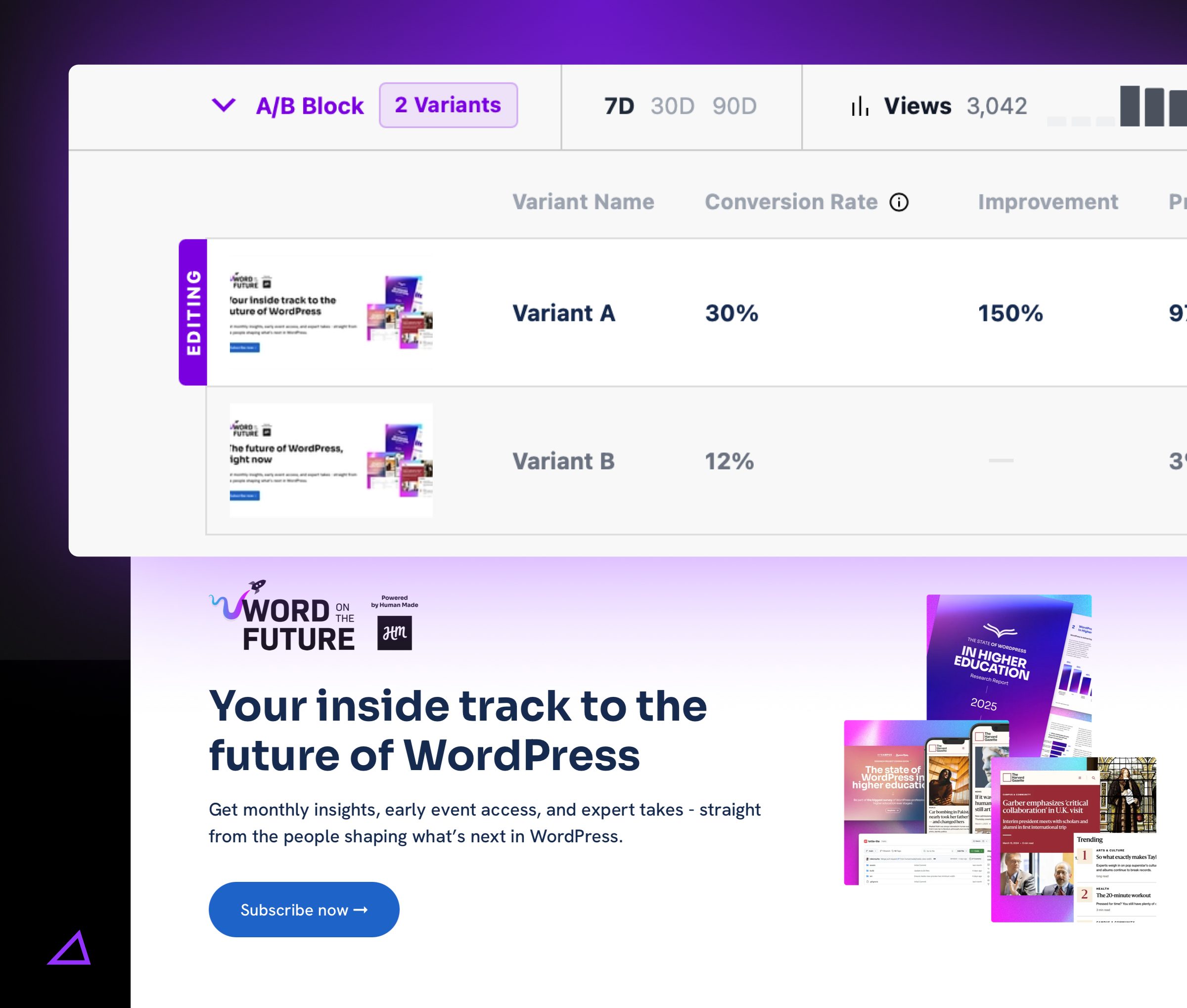 Human Made's Accelerate interface showing A/B testing of newsletter sign up variants