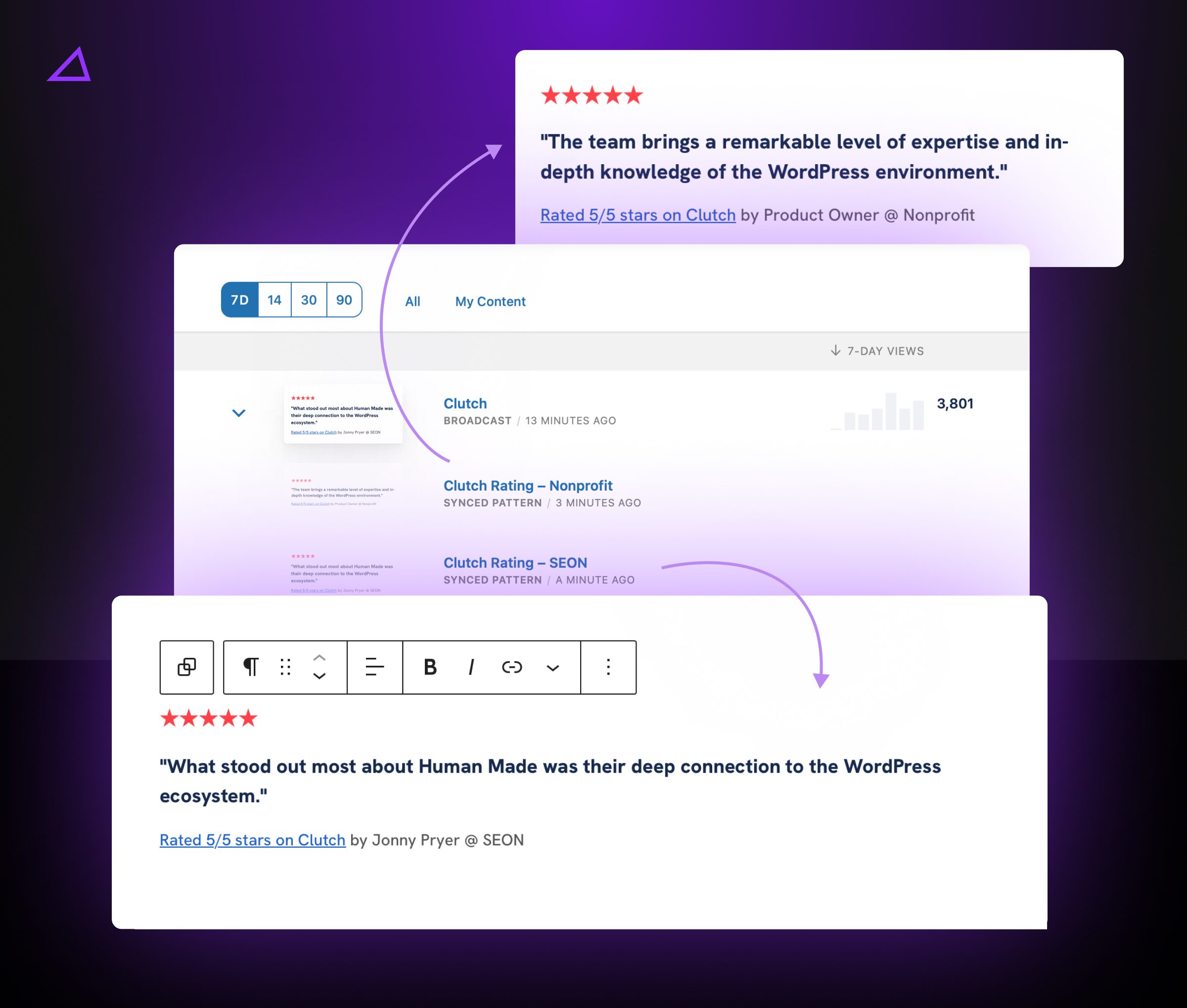 Human Made's Accelerate interface showing Broadcast blocks with Clutch reviews
