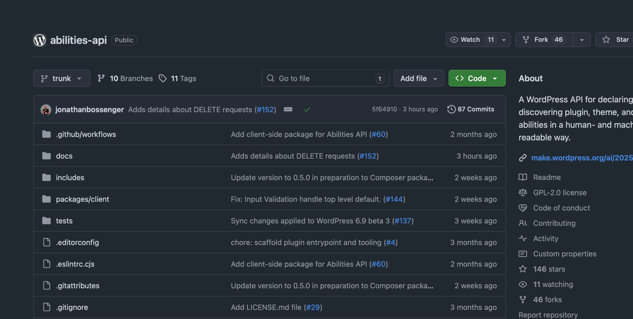 GitHub for the Abilities API, part of WordPress 6.9