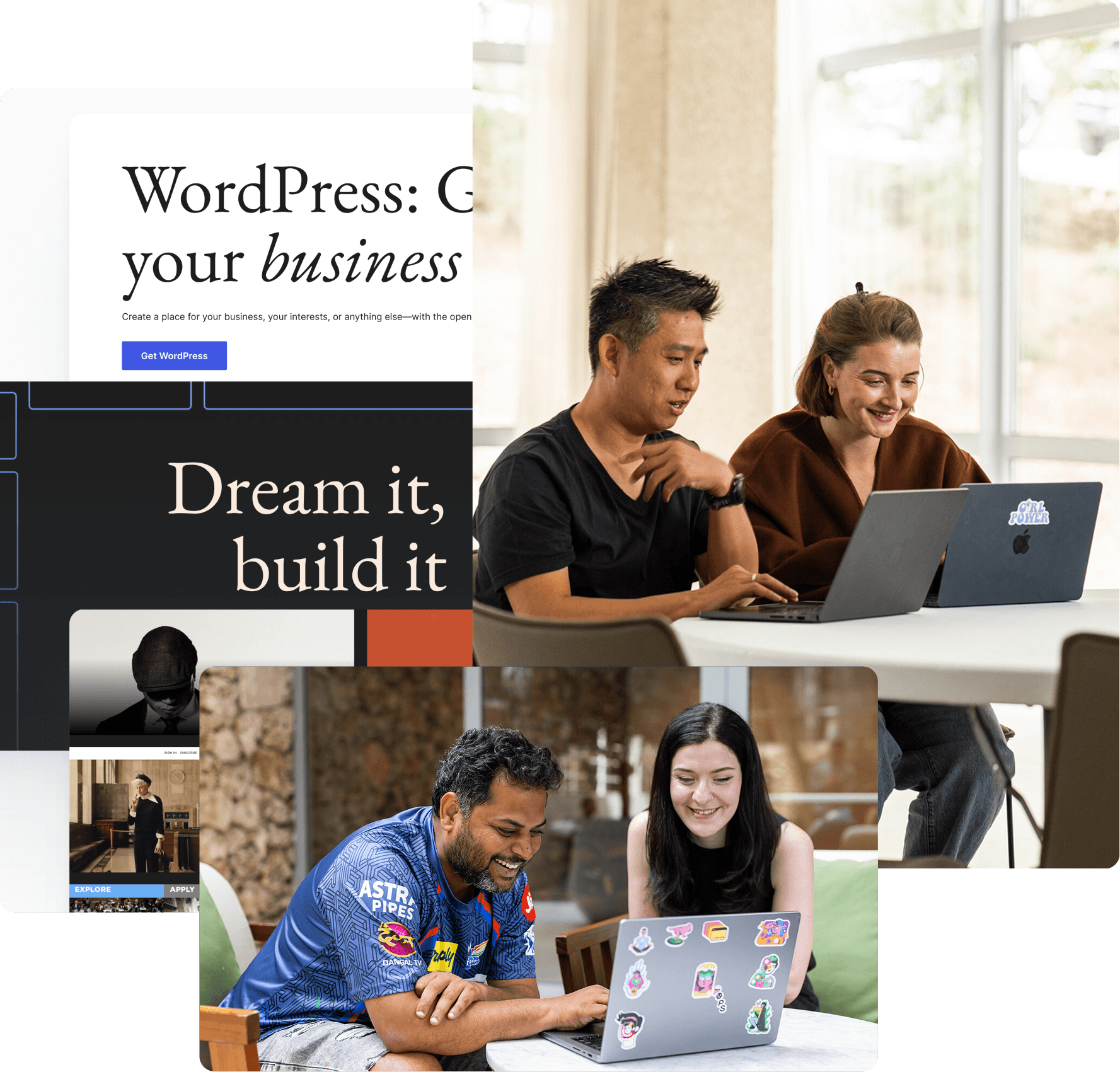 A collage of three images used to showcase WordPress UI and Human Made employees working together