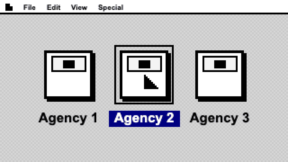 Animated agency selection graphic.