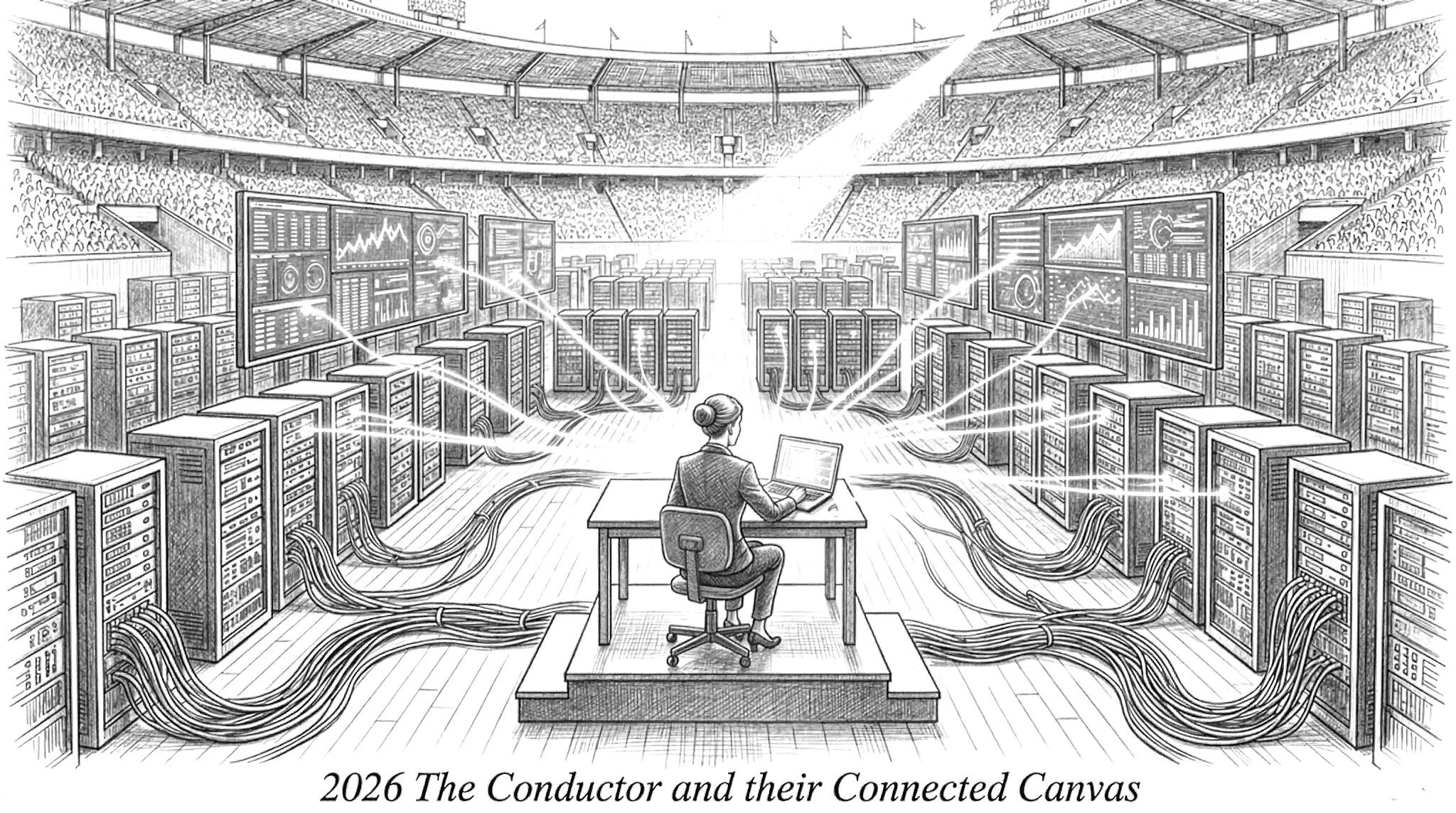 Illustration of a conductor coordinating connected systems in a stadium.