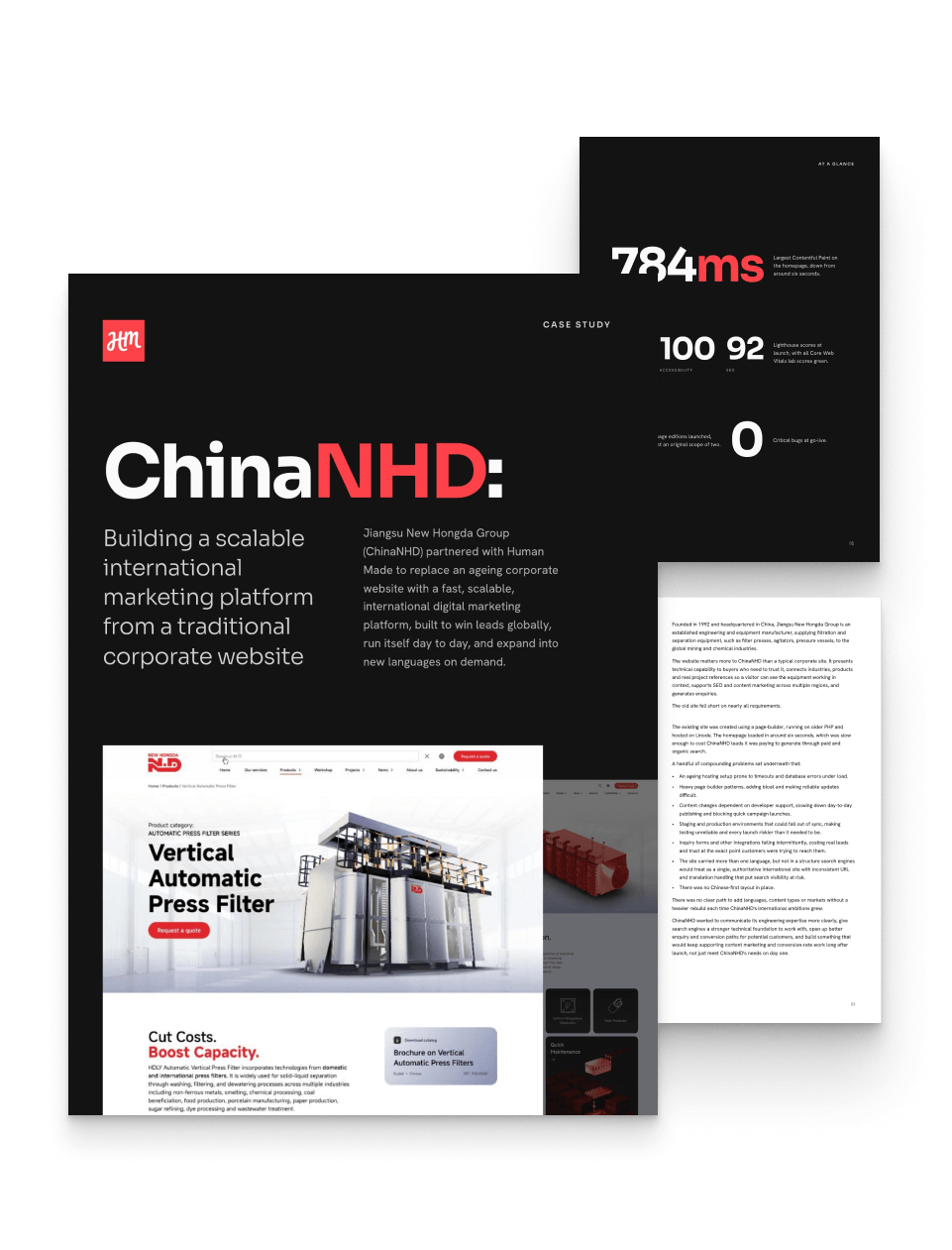 Preview of the ChinaNHD case study PDF: the cover, the at-a-glance results page and a page of the write-up