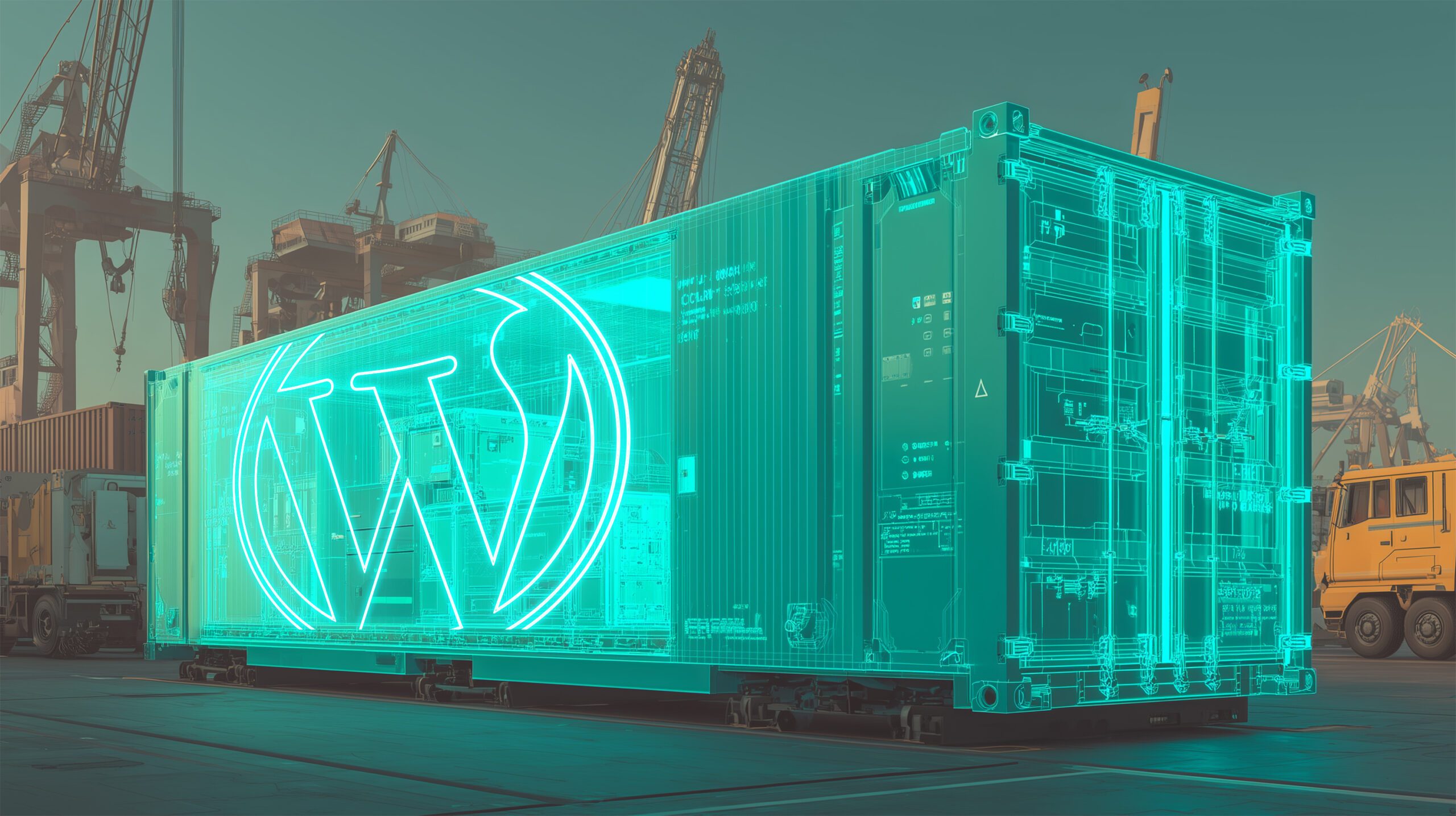 WordPress logo on a shipping container at a port.