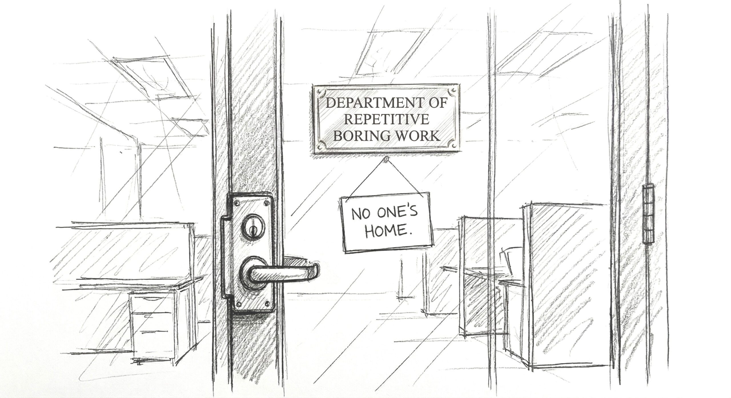An empty office labelled Department of Repetitive Boring Work.