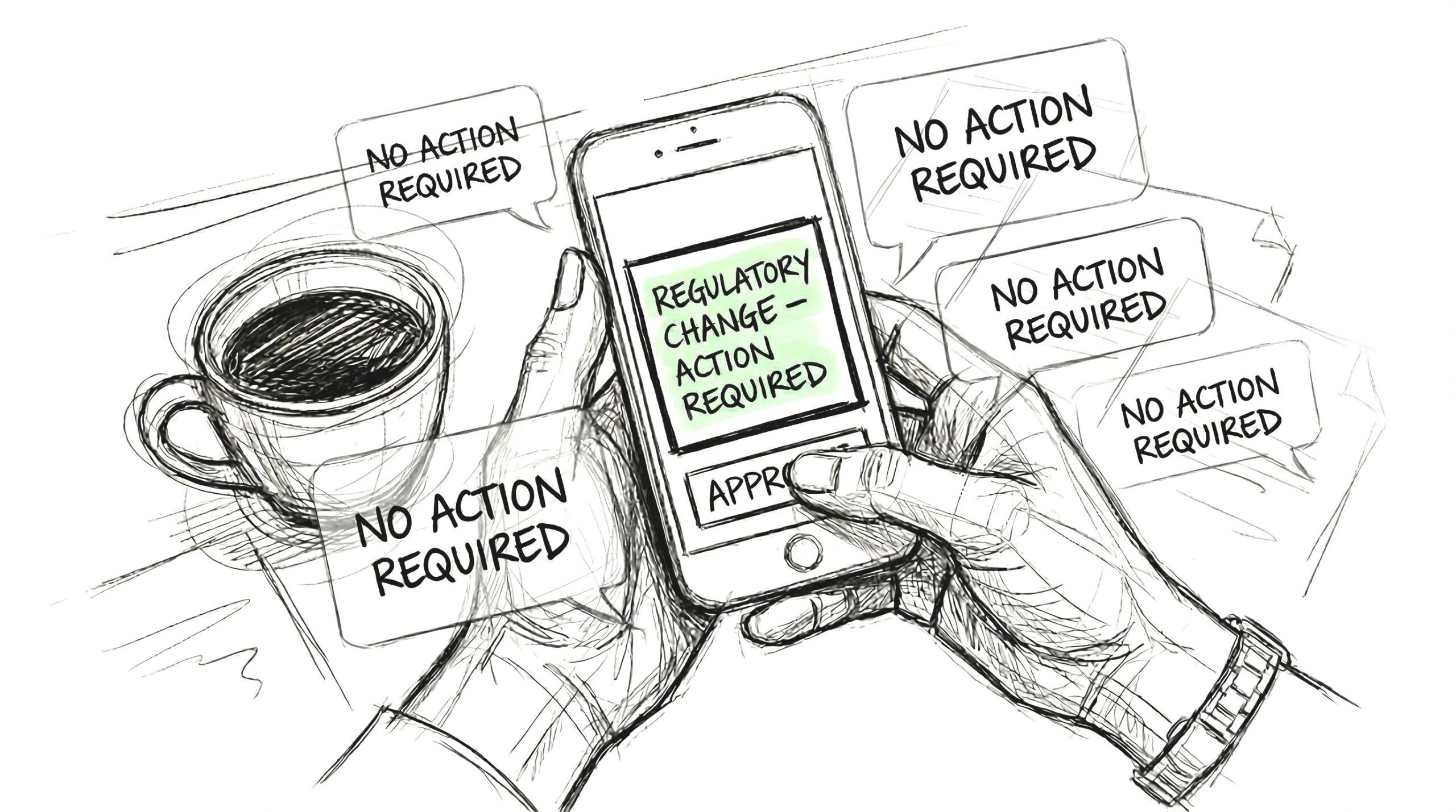 A phone showing a regulatory change awaiting approval among routine notifications.
