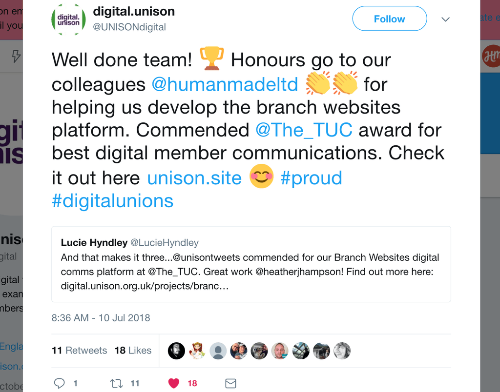 UNISON tweet about their recent TUC award.