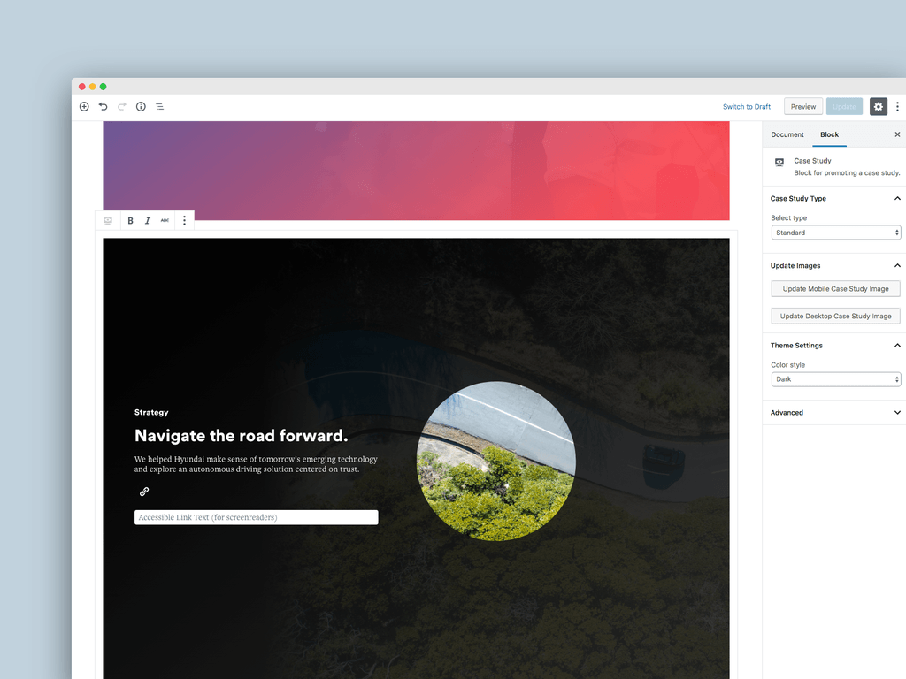 The WordPress block editor showing a custom block: a landscape image with circular cutout