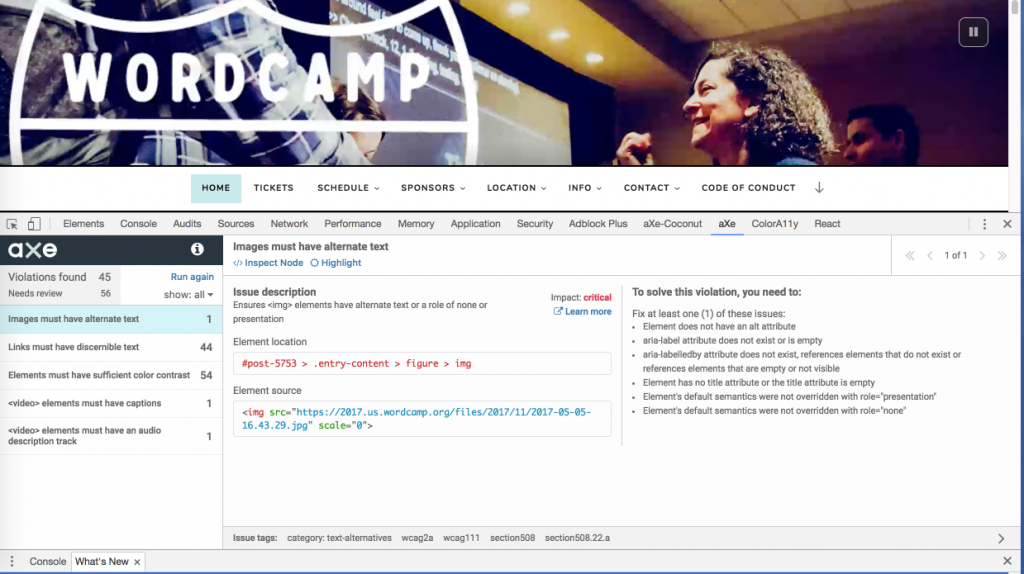 Accessibility testing: aXe report for the WCUS site